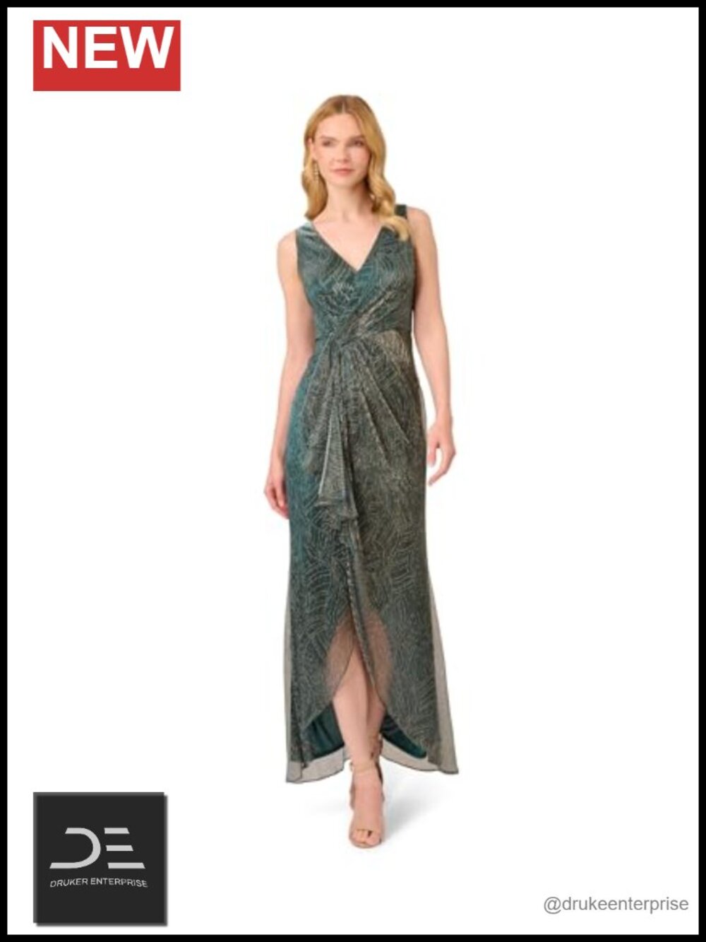 Metallic Mesh Cascade Gown Sleeveless V-Neck Floor Length